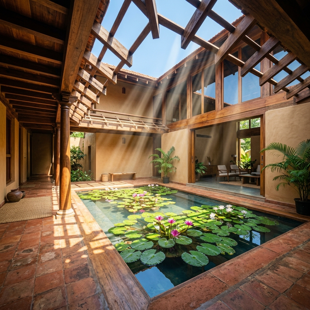 11 AM light breaking through teakwood rafters into the central water court.
