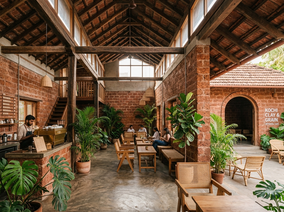 Exposed wire-cut laterite and warm lime plaster at Laterite Cafe, Fort Kochi.
